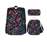 OUSIKA Set di 3 zaini con stampa di ossa colorate, stile casual, con portapranzo, astuccio per donne e uomini, Nero , Taglia unica, Zaini