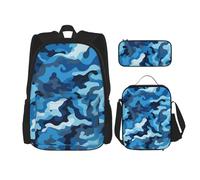 OUSIKA Set di 3 zaini con stampa mimetica blu, stile casual, con portapranzo, astuccio per donne e uomini, Nero , Taglia unica, Zaini