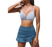 OUSIMEN Costume da Bagno Donna Due Pezzi Costumi Color Block Scollo a V Top Bikini con Lacci Incrociati sul Retro e Pantaloncini da Bagno con Coulisse Laterale a Pieghe