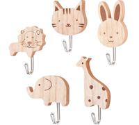 Ousuwo Confezione da 5 ganci da parete in legno a forma di animale: adorabili ganci autoadesivi per la camera da letto e la cameretta dei bambini, motivo: elefante, balena, gattino, leone, coniglietto