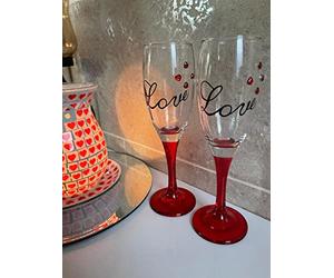 Out of the blue Calice da champagne con cuori e base rossa Love, ca. 5 x 20 cm, set da 2 pezzi, in confezione di carta kraft