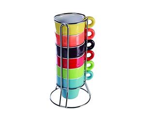 Out of the blue Set di 6 Mini Tazze da Espresso con Supporto in Metallo/Materiale : Ceramica/Dimensioni : 5,5 x 7 cm