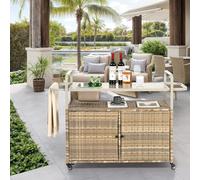 Outdoor Bar Table, Wicker Bar Cart with Cabinet, Patio Serving Cart with Steel Top, with One Ice Bucket, Side Basket for Garden, Lockable Wheels, Pool Side & Backyard (Beige)