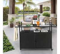 Outdoor Bar Table, Wicker Bar Cart with Cabinet, Patio Serving Cart with Steel Top, with One Ice Bucket, Lockable Wheels, Side Basket for Garden, Poolside & Backyard, Black