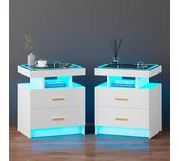 OUTDOOR DOIT Set di 2 Comodini Camera con 3 Cassetti,LED Comodino con Ricarica Wireless,Intelligente Tavolino per Camera da Letto con 3 Colori per Camera da Letto,Soggiorno,Bianco