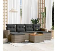 Outdoor Garden Sofa Set 7pcs with Gray Cushions in Polyrattan, Patio Furniture Set for Terrace, Weather Resistant PE Rattan with Acacia Wood Table, Modular Design Seating Group