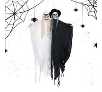 Outdoor Halloween Couple Decor, Ghost Figurine Ornament, Scary Bride Groom Statue, Weatherproof Yard Prop, Haunted Hanging Display with Red Eyes for Tree Garden Door Ceiling Decoration. 59.06x36.22 In