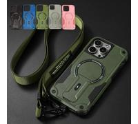 Outdoor Sports Long Strap Crossbody Magnetic Bracket Case for iPhone, Drop-Proof Magnetic Dual Layer Armor Case with Ring Kickstand for iPhone 16 Series (for iPhone14Pro,Green)