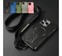 Outdoor Sports Long Strap Crossbody Magnetic Bracket Case for iPhone, Drop-Proof Magnetic Dual Layer Armor Case with Ring Kickstand for iPhone 16 Series (for iPhone 16Pro,Black)