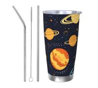 Outer Space Planet Tumbler con 2 cannucce e coperchio, portabicchieri termico per auto con sistema solare, da 590 ml, in acciaio inox, da viaggio, per bevande calde e fredde