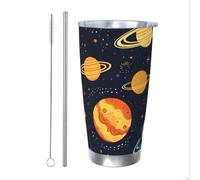 Outer Space Planet Tumbler con cannuccia e coperchio, portabicchieri termico per auto, con sistema solare, da 590 ml, in acciaio inox, da viaggio, per bevande calde e fredde