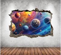 Outer Space Wall Decal Smashed 3D Graphic Galaxy Solar System Planets Wall Art Stickers Mural Poster Kids Room Bedroom Decor Playroom 70 x 50 cm