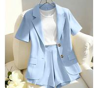 Outfit casual ed elegante da pendolare, include un blazer giallo a maniche corte e un set di pantaloncini/pantaloni a gamba larga, adatto per la primavera/estate da donna L,M,S,XL,XSColore unicoTessut