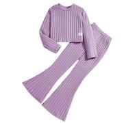 Outfit da 2 pezzi per ragazze, top corti a maniche lunghe, felpa, camicie a coste e pantaloni svasati, pantaloni da jogging Giochi Bambina 8 Anni Femmina