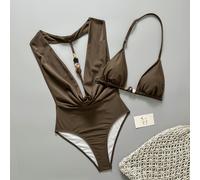 Outfit da spiaggia da donna - Sexy design con schiena scoperta e perline, scollo a V profondo, include top bikini. Alla moda, casual, stile resort, minimalista, elegante, sexy costume da bagno intero 