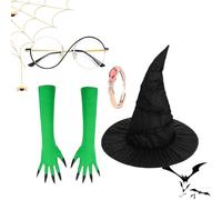 Outfit da stregone da donna - cappello alto e guanti di artiglio verde, abbigliamento in maschera incantato con spettrali dettagli glam | Accessorio per il dress -up di cosplay per l'accessorio per co