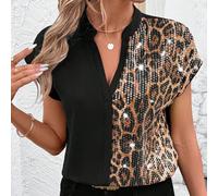 Outfit da vacanza donna, camicia elegante da donna con scollo a V, con stampa leopardata, effetto color block e applicazioni di perline L,M,S,XLBlocchi di colore,Grafico,Motivo strutturatoPaillettes