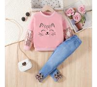 Outfit estivo per ragazze giovani, composto da una maglietta con stampa gatti adorabile e pantaloni casual effetto jeans 6Y,7Y,4Y,5YFumetto,Blocchi di coloreTessuto,La stampa ad effetti speciali