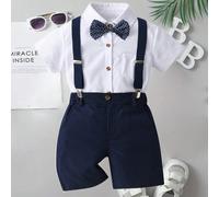 Outfit per giovane ragazzo Gentleman, include: Camicia casual a maniche corte con papillon a pois, bretelle blu e set di pantaloncini di 4 pezzi 6Y,7Y,4Y,5Y,2-3YGeometrico,Colore unico,stampa dappertu