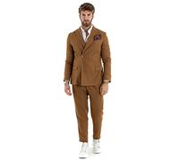 Outfit Uomo Abito Completo Lino Giacca Doppiopetto Pantalone Classico Tinta Unita Taschino a Pochette (44, Camel)