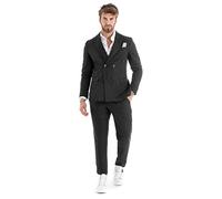 Outfit Uomo Abito Completo Lino Giacca Doppiopetto Pantalone Classico Tinta Unita Taschino a Pochette (48, Nero)