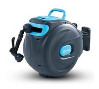 OUTIGO Avvolgitubo da Parete 25m, Riavvolgimento Automatico con Blocco e Supporto Girevole 180°, Svolgicanna con Ugello 8 Modalità per Annaffiare Giardino e Pulire Auto