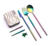Outlery Set completo, set di posate da viaggio in acciaio inossidabile portatile e riutilizzabili con custodia per campeggio, picnic, ufficio e in viaggio (set di posate tascabili) (arcobaleno)
