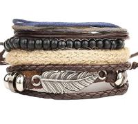 OUTLETISSIMO® SET 4 BRACCIALI PELLE VINTAGE BRACCIALE BRACCIALETTO REGOLABILE UOMO PIUMA ET34