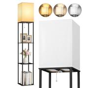 OUTON Lampada da terra con 3 ripiani,piantana design moderno con ripiano in legno, libreria alta a 3 temperature di colore, LED lettura regolabile - Salotto, Camera, Ufficio (Nero)
