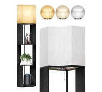 OUTON Lampada da terra con 3 ripiani,piantana design moderno con ripiano in legno, libreria alta a 3 temperature di colore, LED lettura regolabile - Salotto, Camera, Ufficio (Nero)
