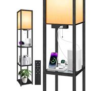 OUTON Lampada da Terra con Ripiani in Vetro, Telecomando, Dimmerabile & 4 Temperature di Colore, Porte USB & Type-C, Lampada da Terra LED Moderna in Legno per Soggiorno, Camera, Ufficio (Nero Opaco)