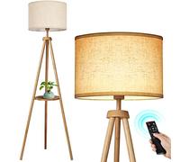 OUTON Lampada da Terra Treppiede in Legno Solido, Piantana da Salotto con Telecomando, Dimmerabile e 3000K-6000K, Lampada da Terra con Ripiano Portaoggetti per Soggiorno, Camera, Ufficio