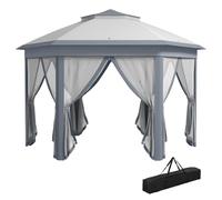 Outsunny 3 x 4m Gazebo da giardino esagonale a montaggio rapido, Grigio | Tenda per feste con doppio tetto, riparo istantaneo, zanzariera, borsa da trasporto, per patio esterno
