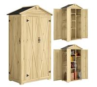 Outsunny Armadio da Giardino in Legno di Abete con 3 Porte e 4 Ripiani, Casetta Porta Attrezzi da Esterno con Tetto Inclinato Asfalto, Porte Bloccabili, Ganci, 93x53x168 cm, Legno Naturale