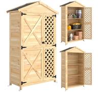 Outsunny Armadio da Giardino in Legno di Abete con Ante Ventilate e Kit Antiribaltamento, Casetta Porta Attrezzi da Esterno con Ripiani Rimovibili e Tetto Inclinato in Asfalto, Colore Legno