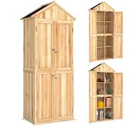 Outsunny Armadio da Giardino in Legno di Abete con Kit Antiribaltamento, Casetta Porta Attrezzi da Esterno con Ripiani Rimovibili, 4 Ante Bloccabili, Tetto Inclinato Asfalto, 82x50x190 cm, Color Legno