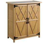 Outsunny Armadio da Giardino Porta Attrezzi in Legno con 2 Ante e 4 Scaffali, Piano in Lamiera, 75x40x90 cm