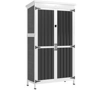 Outsunny Armadio da Giardino Porta Bloccabile 94x43x166cm Bianco Nero | Legno Abete e Acciaio, Casetta Attrezzi Giardino, Tetto Asfalto, Ripiani Rimovibili, Capanno Porta Attrezzi per Esterno