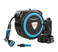 Outsunny Avvolgitore Tubo da Irrigazione Parete 14+1,5 m, 12 Spruzzi, Avvolgitubo Automatico per Tubi Acqua Retrattile Automatico Girevole a 180° con Serratura e Adattatori, Blu
