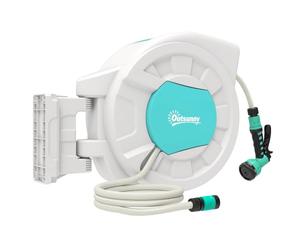 Outsunny Avvolgitubo, avvolgitubo per acqua, 35+2 m, con supporto a parete + maniglia, girevole a 180°, 7 opzioni di spruzzo, grigio chiaro