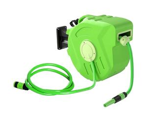 Outsunny Avvolgitubo da Giardino Retrattile con Tubo dell'Acqua 15 m, Rullo Avvolgitubo da Parete Girevole a 180°, Avvolgitubo Automatico Tubo da Giardino per Irrigazione in plastica, Verde
