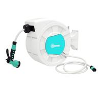 Outsunny Avvolgitubo da Giardino Retrattile con Tubo dell'Acqua 25+2 m, Avvolgitubo da Parete Girevole a 180°, Avvolgitubo Automatico con Blocco e 7 Getti per Irrigazione in PP, Verde e Grigio Chiaro