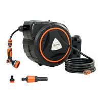Outsunny Avvolgitubo da Giardino Retrattile con Tubo dell'Acqua 28+2 m, Avvolgitubo da Parete Girevole Automatico a 180° con Sistema di Bloccaggio e 12 Ugelli, Avvolgitore per Irrigazione, Arancione