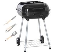 Outsunny Barbecue a carbone BBQ con 2 ruote, utensili, coperchio e ripiano dim. 56L x 62L x 82H cm - metallo smaltato nero
