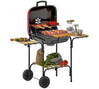 Outsunny Barbecue a Carbone con Ruote e 3 Ripiani, Barbecue a Legna con Coperchio e Griglia, BBQ con Presa d'Aria, in Acciaio e Legno, Rosso e Nero