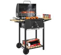 Outsunny Barbecue a carbonella in acciaio inox mobile con coperchio, termometro, griglia regolabile e vassoio per carbone, barbecue con ripiano in legno, maniglia, ruote, 112 x 58 x 107 cm