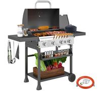 Outsunny Barbecue a gas 12 KW 4 + 1 bruciatore per barbecue, in acciaio inox, con bruciatore laterale, termometro, piano cottura, apribottiglie, ripiani laterali, griglia a gas per balcone, campeggio
