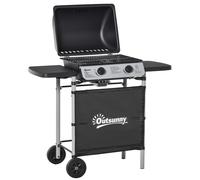 Outsunny Barbecue a Gas con Coperchio e 2 Bruciatori Totali da 5.6kW, BBQ in Acciaio con Ruote e Mensole, 104x49x99cm Nero
