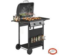 Outsunny Barbecue a Gas con 2 Bruciatori da 5KW, BBQ a Gas Propano Portatile con Griglia, Ripiani Laterali e Inferiore, Vaschetta per Grasso, Cesto, Termometro, Manico Acciaio Inox, Ruote per Giardino