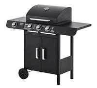 Outsunny Barbecue a Gas con Coperchio, 4 Bruciatori Totali da 11.6kW e Termometro, Fornello Laterale, Mensola e 2 Ruote, 110x50x100cm Nero